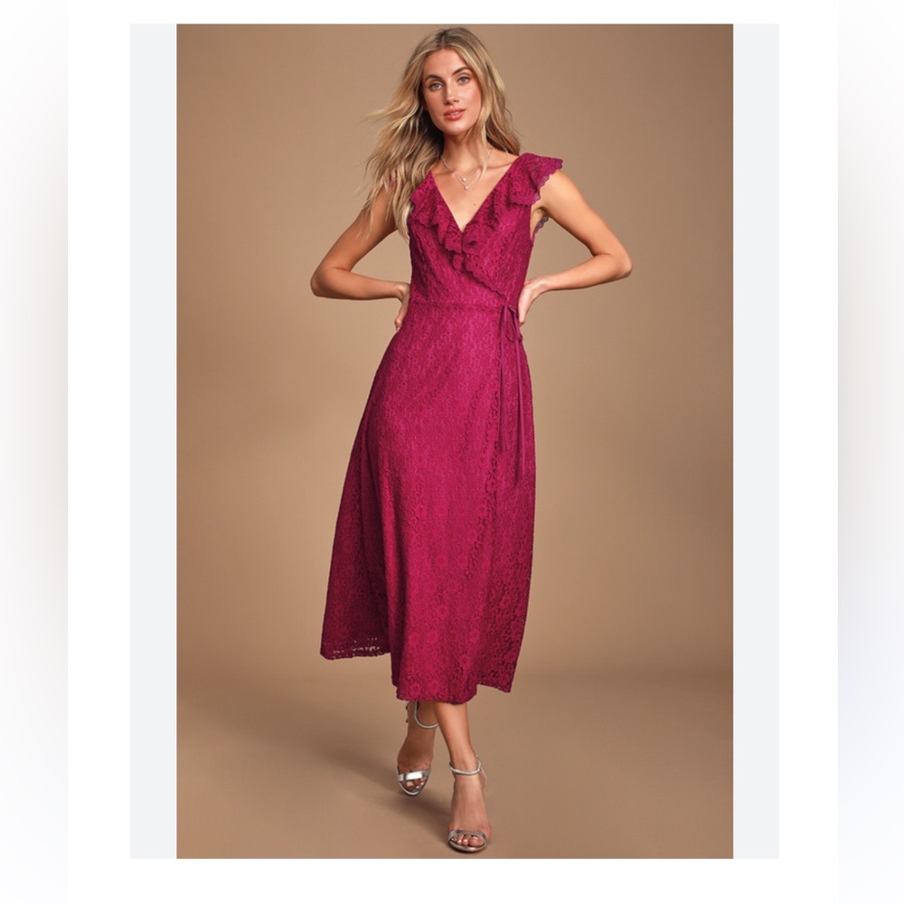 NWT Lulus Effortless elegance lace midi wrap dress magenta large L